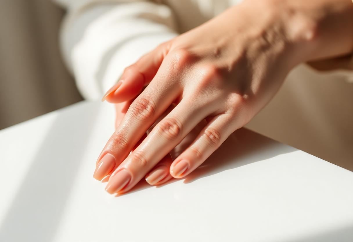 Elegante gepflegte Hände mit glänzendem Nude-Nageldesign auf einer hellen Oberfläche