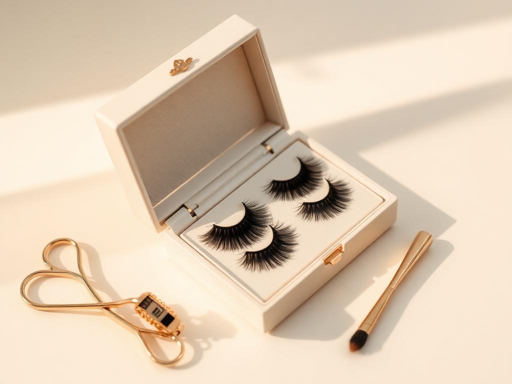 Aufbewahrungsbox mit Wimpernbändern, goldener Wimpernzange und Bürste auf heller Fläche