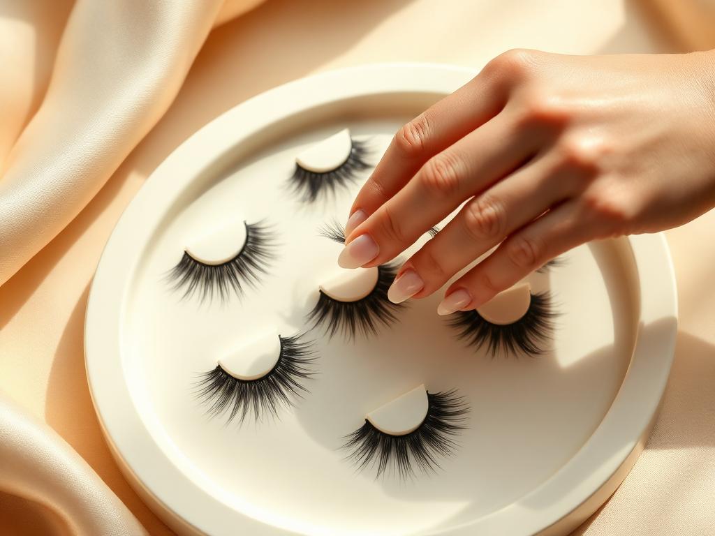 Auswahl verschiedener Wimpernbänder auf einem Tablett in warmen Ivory-Tönen