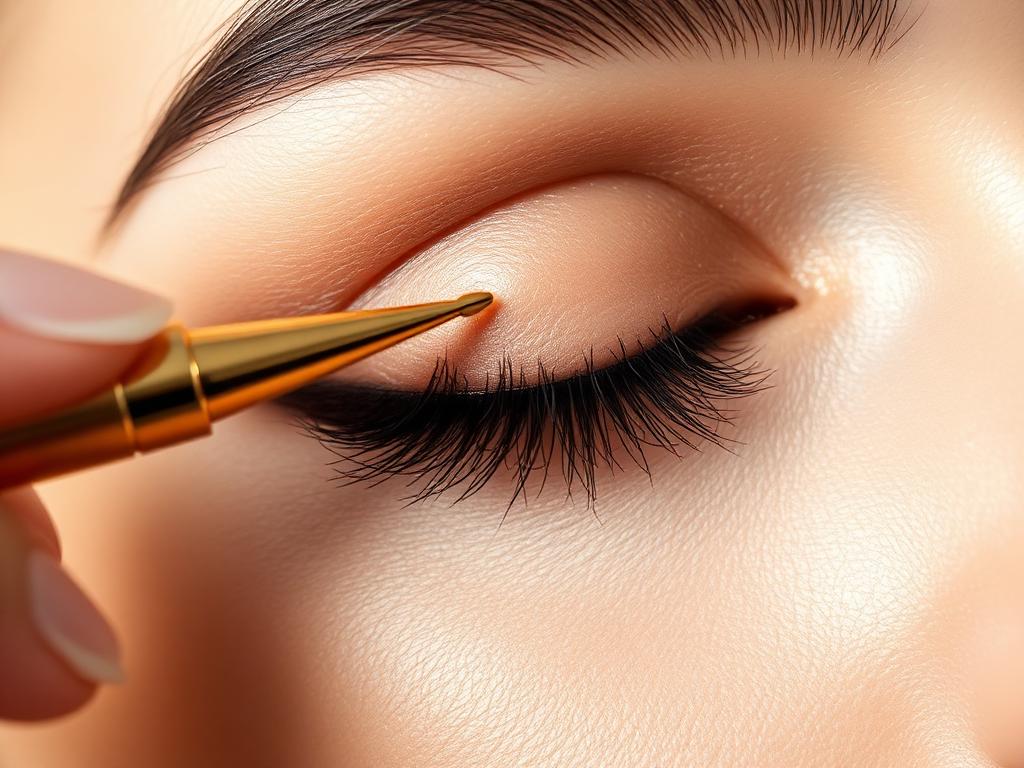 Anbringen eines Wimpernbands mit einem goldenen Präzisions-Applikator am geschlossenen Auge