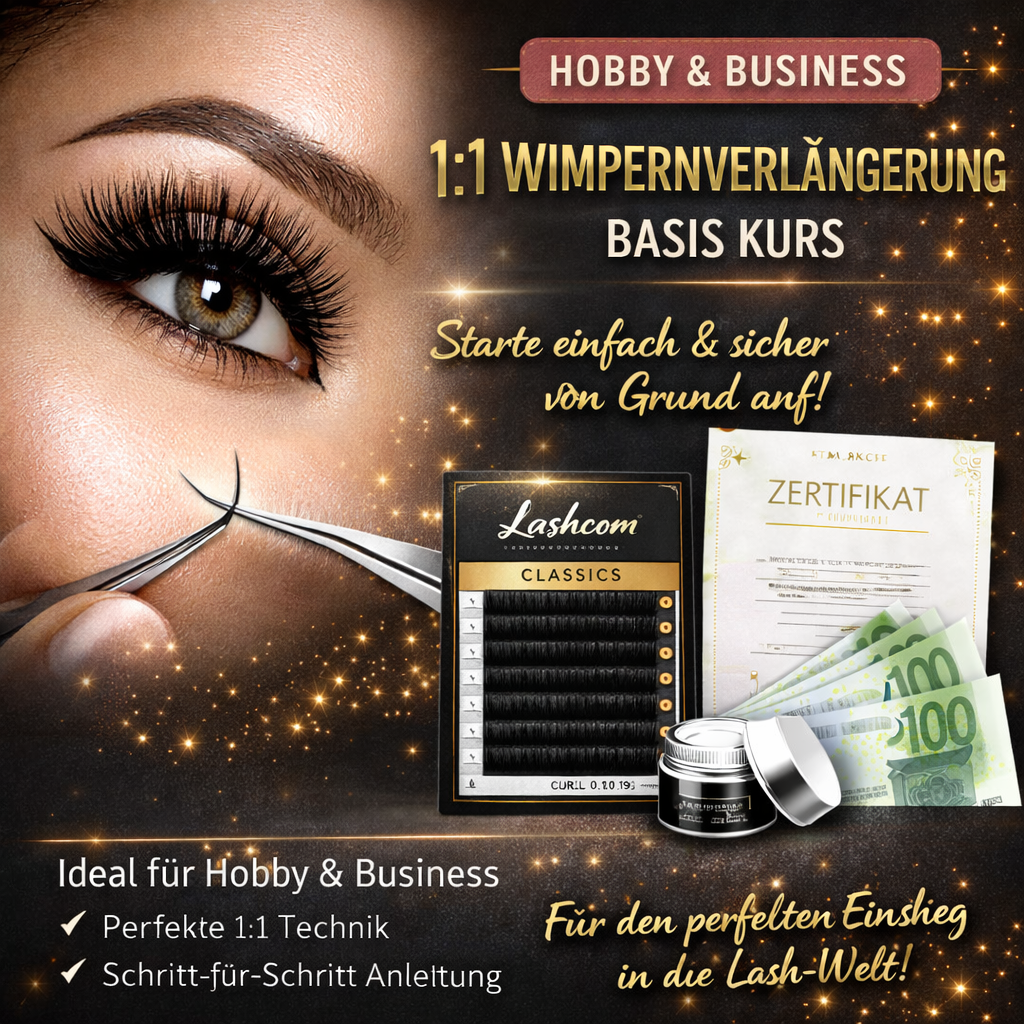 1:1 Wimpernverlängerung Basis Kurs für Hobby und Business mit Classic Lashes, professionellen Tools und Zertifikat für Anfänger Wimpern Ausbildung