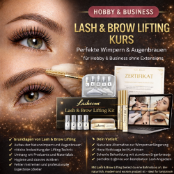 Lash & Brow Lifting Kurs mit dunklem Luxus Design, gelifteten Wimpern und Augenbrauen, professionellem Lash Set, Online Schulung und Zertifikat für Hobby und Beauty Business Ausbildung