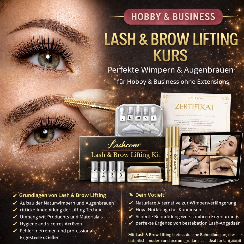 Lash & Brow Lifting Kurs mit dunklem Luxus Design, gelifteten Wimpern und Augenbrauen, professionellem Lash Set, Online Schulung und Zertifikat für Hobby und Beauty Business Ausbildung