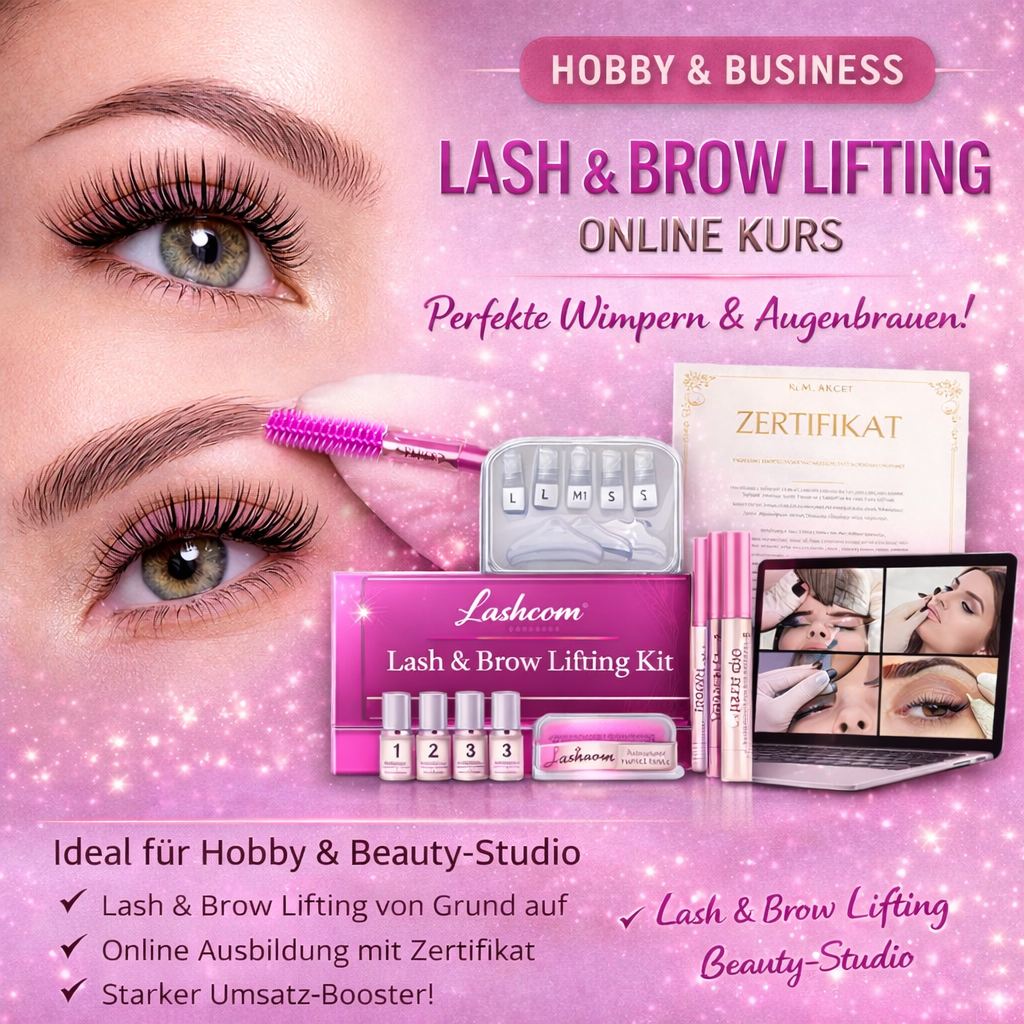 Lash & Brow Lifting Online Kurs in pinkem Design für Hobby und Business mit gelifteten Wimpern und Augenbrauen, Profi Set und Zertifikat für Beauty Ausbildung