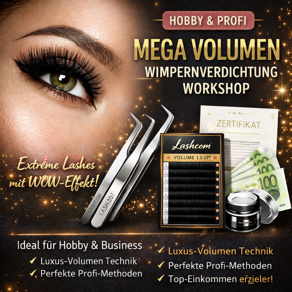 Mega Volumen Wimpernverdichtung Workshop für Hobby und Profis mit extremen Volumen Lashes, professionellen Tools und Zertifikat für Wimpernverlängerung Ausbildung