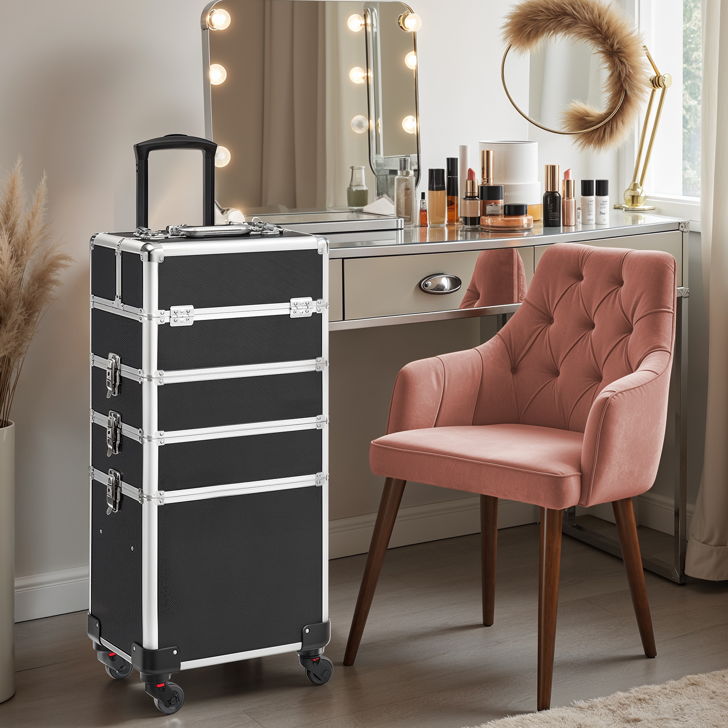 4-in-1 Kosmetikkoffer Trolley – Abschließbarer Make-up & Friseurkoffer mit Rollen