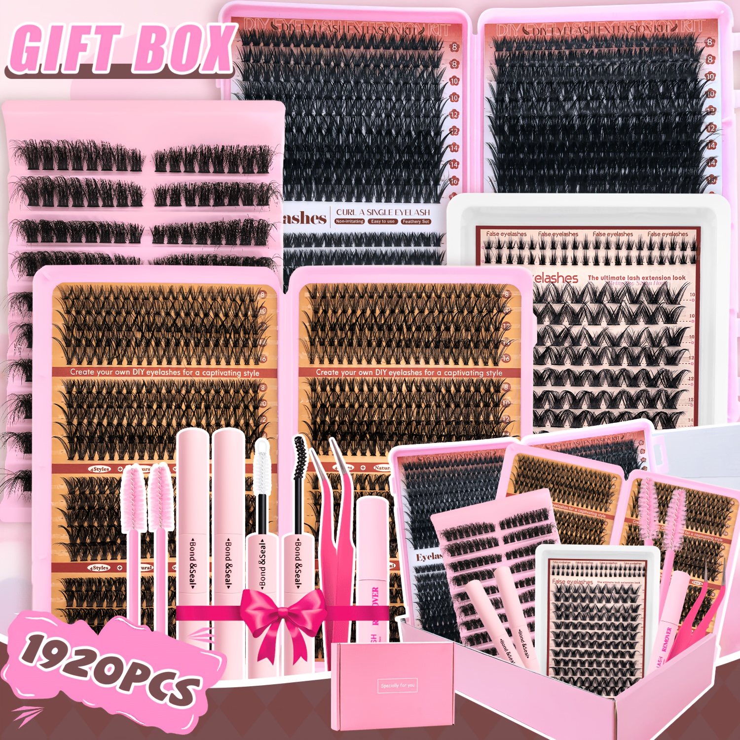1920er DIY Wimpern Cluster Set (D-Curl, 0,07mm) – Mega Box 30D-130D mit 2x Kleber, Pinzette & 2x Bürsten