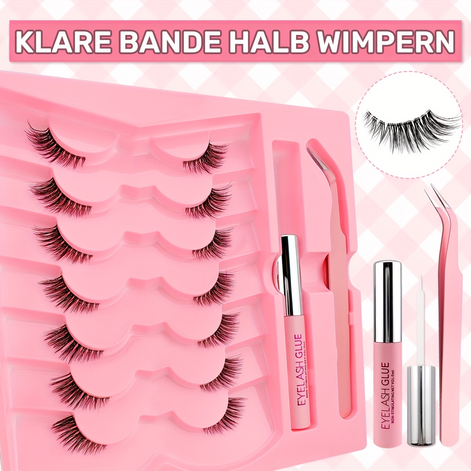 7 Paar Halb-Wimpern Set mit transparentem Band (C-Curl, 6-12mm) – DIY Wimpern-Kit mit wasserfestem Kleber & Pinzette